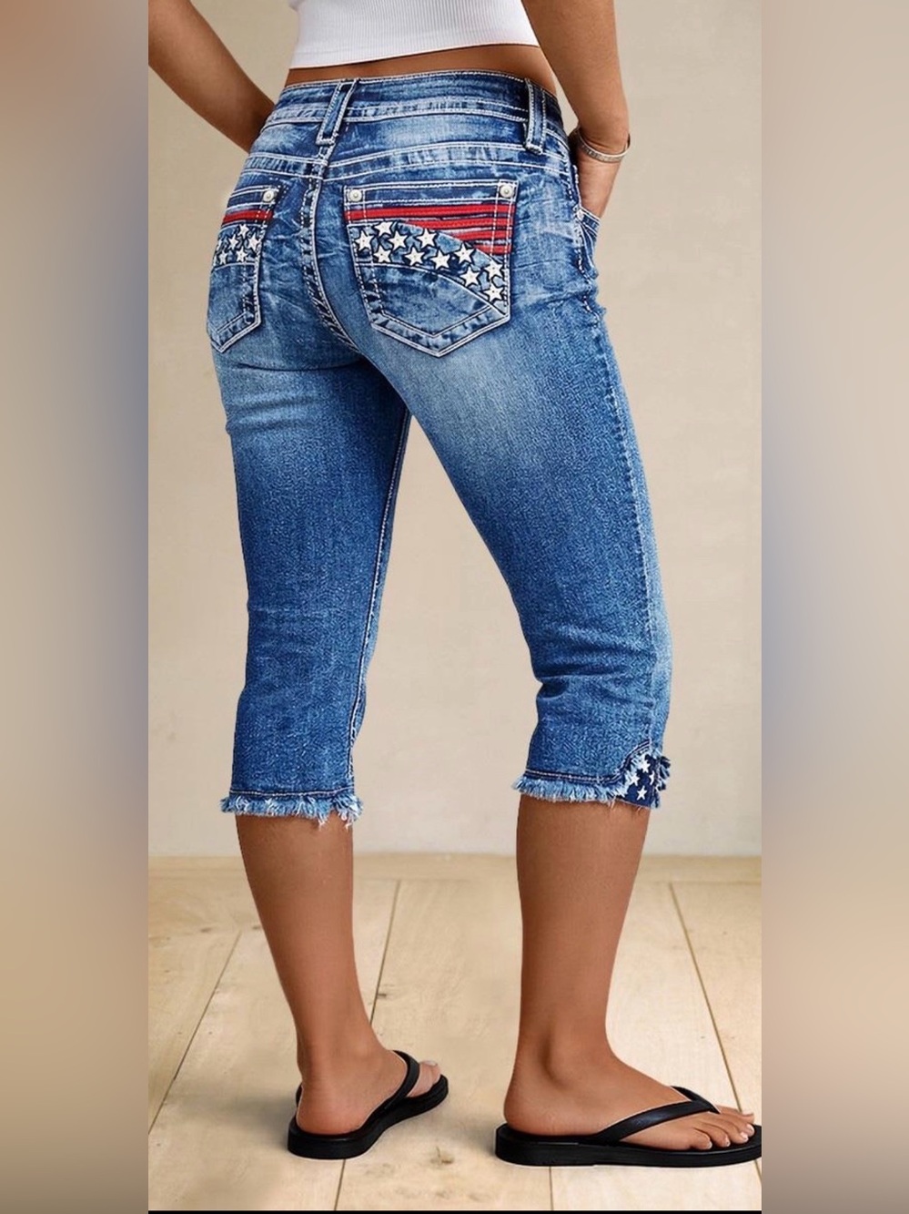 Flamingals Stripe & Star Embroidery Raw Hem Mid Waist Skinny Capri Jeans NWT S